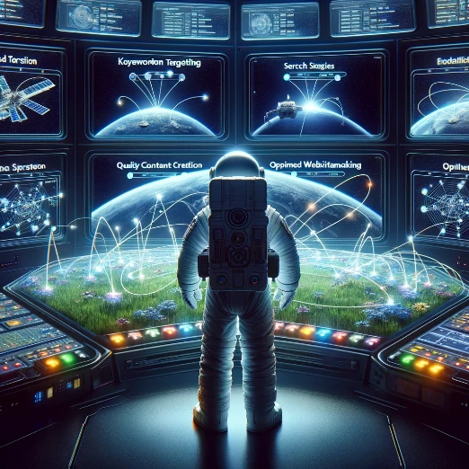 Astronaut analyzing SEO strategies on a futuristic control panel in space, plotting optimization courses across the digital universe