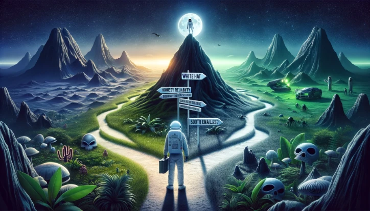 A spaceman stands at a crossroads on an alien planet, faced with two paths: 'White Hat', a well-lit, serene route promising integrity and growth, and 'Black Hat', a dark, perilous path leading to a landscape filled with threats, representing the ethical dilemma in SEO strategy choice.