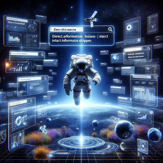 Astronaut navigating through a space of zero-click search results, surrounded by instant answer holograms.