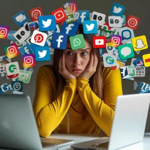A sad girl surrounded by hovering social media icons, depicting social media overload.
