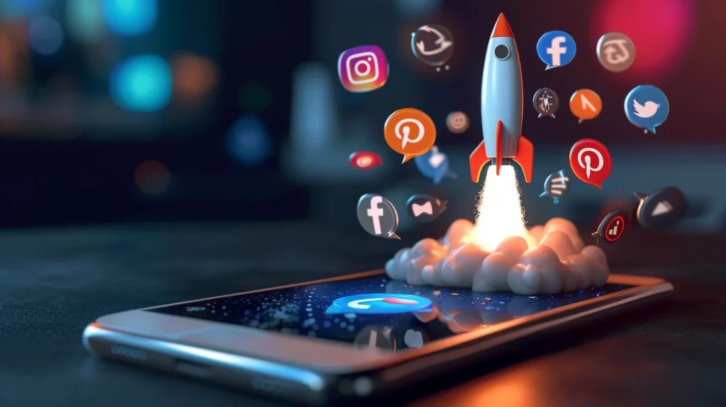 A cell phone with a rocket blasting off, surrounded by flying social media logos.