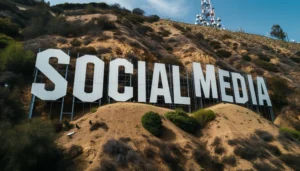 The Hollywood sign with "HOLLYWOOD" replaced by "SOCIAL MEDIA"