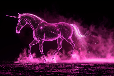 A glowing neon unicorn with gas Trailing behind