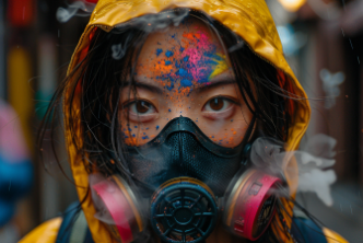  A woman wearing a protective mask with a concerned expression on her face.