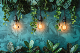 A row of vintage-style light bulbs with glowing filaments hangs from a brick wall covered in green ivy.